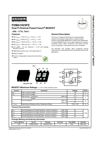 Fairchild FDMA1023PZ Dual P-Channel MOSFET Datasheet - cover page