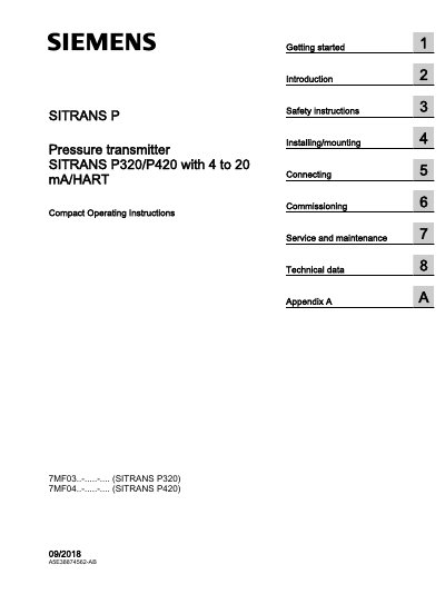 Siemens SITRANS P320/P420 Pressure Transmitter Operating Instructions - cover page