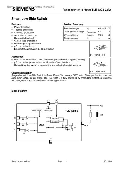 Siemens TLE 4224-2/S2 Smart Low‑Side Switch Data Sheet - cover page