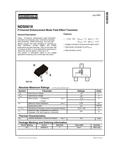 Fairchild NDS0610 P-Channel Enhancement Mode FET Datasheet - cover page