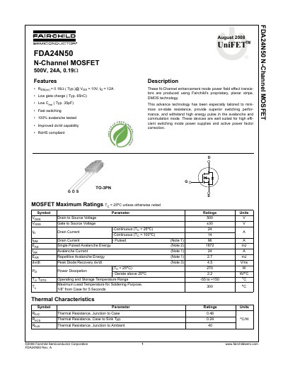 Fairchild FDA24N50 N-Channel MOSFET Datasheet