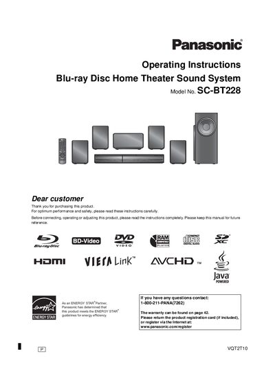 Panasonic SC-BT228 Blu-ray Disc Home Theater Sound System Operating Instructions