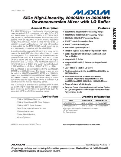 Maxim MAX19996 SiGe High-Linearity 2000MHz‑3000MHz Downconversion Mixer with LO Buffer Datasheet