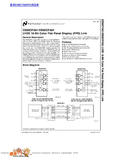 National Semiconductor DS90CF561/DS90CF562 LVDS FPD Link Datasheet - cover page