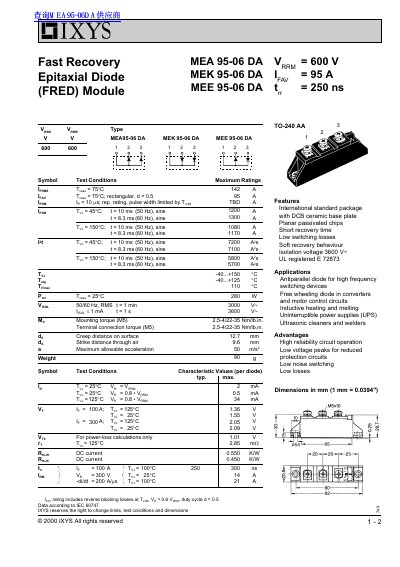 IXYS MEA 95-06 DA Fast Recovery Epitaxial Diode (FRED) Module Datasheet - cover page