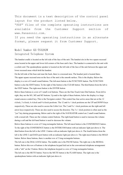 Panasonic KX-TS3282W Integrated Telephone System Control Panel Layout Description - cover page
