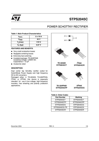 STMicroelectronics STPS2045C Schottky Rectifier Datasheet - cover page