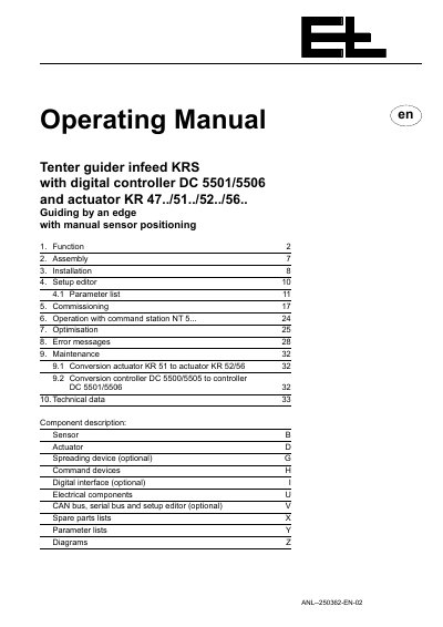 Tenter guider infeed KRS with digital controller DC 5501/5506 actuator KR 47../51../52../56.. Operating Manual - cover page