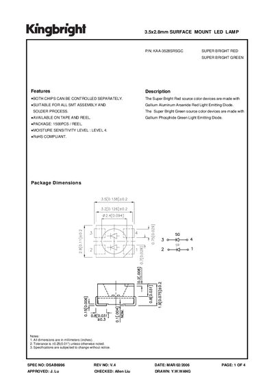 KINGBRIGHT P/N: KAA-3528SRSGC SUPER BRIGHT RED SUPER BRIGHT GREEN 3.5x2.8mm SURFACE MOUNT LED LAMP - cover page