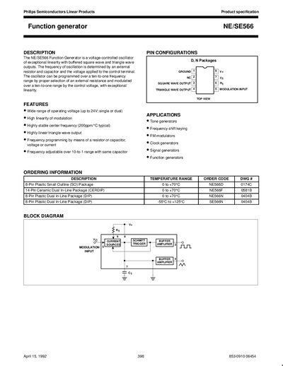 Philips Semiconductors NE/SE566 Function Generator Data Sheet - cover page