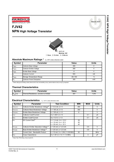 Fairchild Semiconductor FJV42 NPN High Voltage Transistor Datasheet - cover page