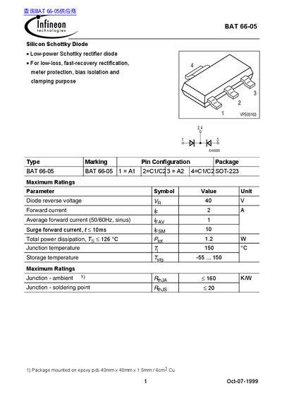 Infineon BAT 66-05 Silicon Schottky Diode Datasheet - cover page