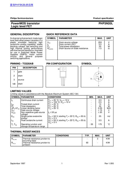 Philips PHP3N20L PowerMOS Transistor Datasheet - cover page