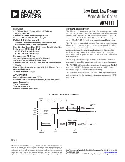 Analog Devices AD74111 Mono Audio Codec Product Handbook - cover page