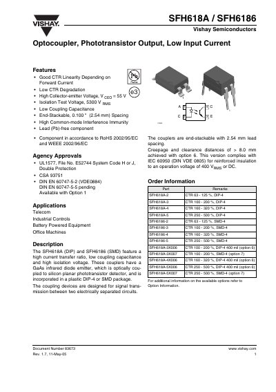 Vishay SFH618A / SFH6186 Optocoupler Datasheet - cover page