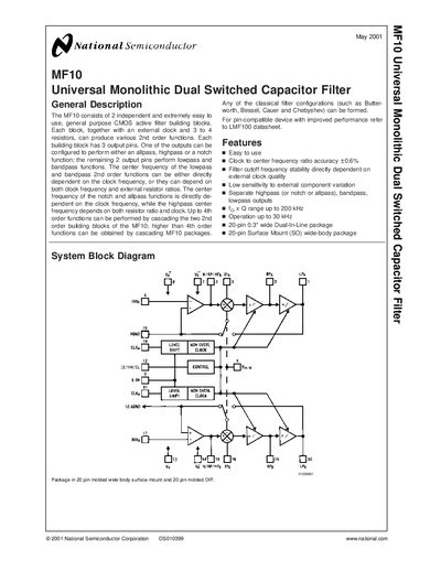 National Semiconductor MF10 Dual Switched Capacitor Filter Datasheet - cover page
