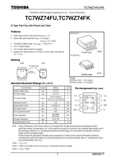 TOSHIBA TC7WZ74FU TC7WZ74FK Manual - cover page