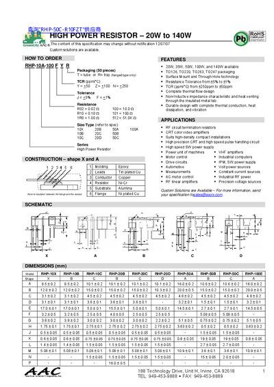 American Accurate Components RHP Series High Power Resistor Datasheet - cover page