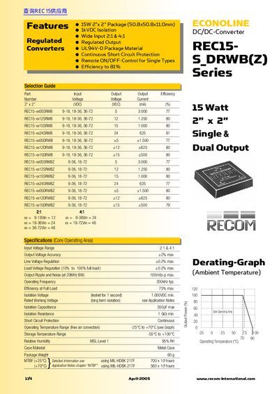 RECOM REC15-S DRWB(Z) Series DC/DC Converter Datasheet - cover page