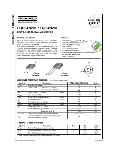 Fairchild Semiconductor FQB34N20L/FQI34N20L 200V Logic N-Channel MOSFET Datasheet - cover page