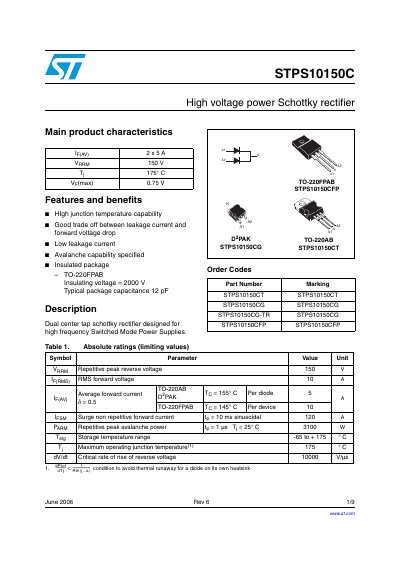 STMicroelectronics STPS10150C High Voltage Power Schottky Rectifier Datasheet