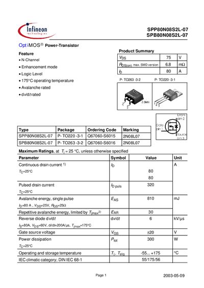 Infineon SPP80N08S2L-07 / SPB80N08S2L-07 Power Transistor Datasheet - cover page