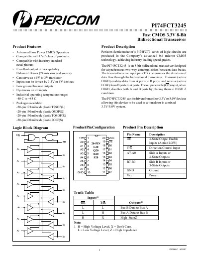 Pericom PI74FCT3245 Bidirectional Transceiver Datasheet - cover page