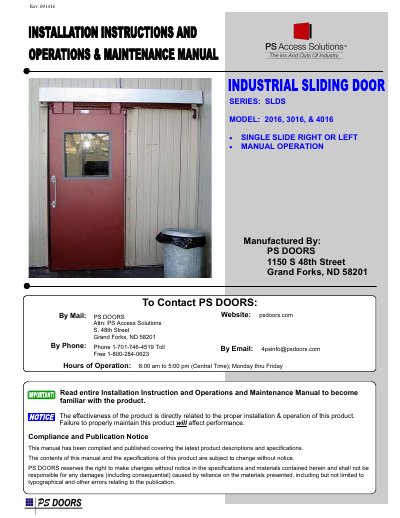 PS Doors SLDS Series 2016, 3016, 4016 Installation and Maintenance Manual - cover page