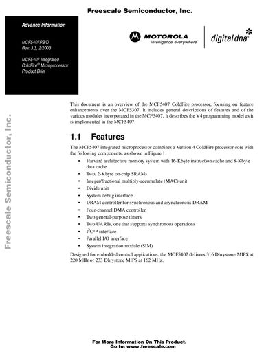 Motorola MCF5407PB/D Integrated ColdFire Microprocessor Product Brief - cover page