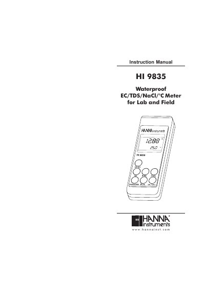 Hanna Instruments HI 9835 Waterproof EC/TDS/NaCl Meter Instruction Manual - cover page