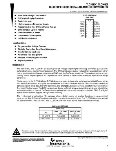 Texas Instruments TLC5620C/TLC5620I Quadruple 8‑Bit Digital‑to‑Analog Converter Datasheet - cover page