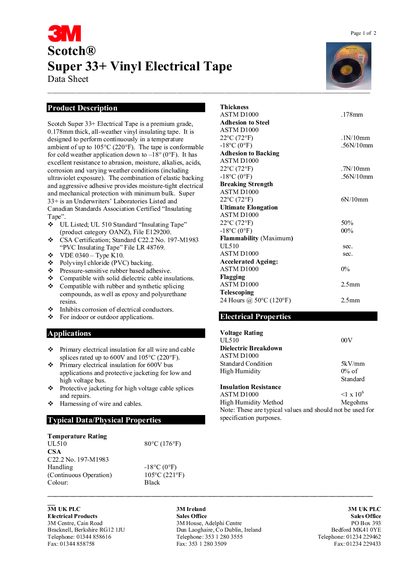 3M Super 33+ Vinyl Electrical Tape Data Sheet - cover page