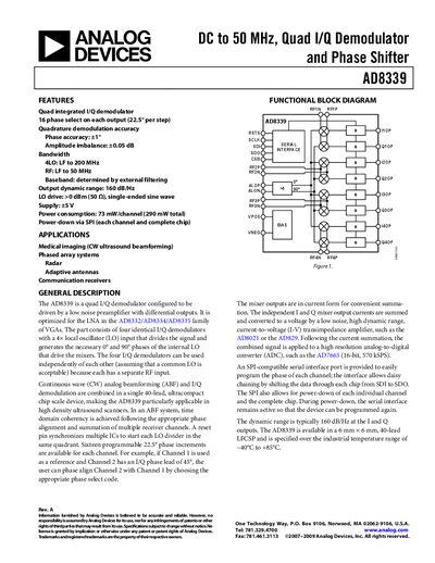 Analog Devices AD8339 Quad I/Q Demodulator Datasheet