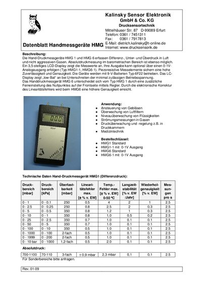 Kalinsky HMG 1/HMG 6 Handheld Pressure Gauge Datasheet - cover page