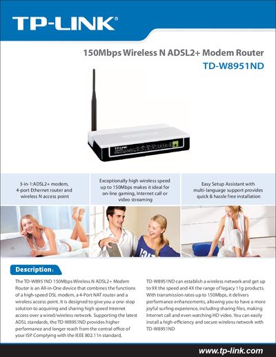 TP-LINK TD-W8951ND 150Mbps Wireless N ADSL2+ Modem Router Manual - cover page