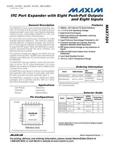 Maxim MAX7324 I2C Port Expander Datasheet - cover page