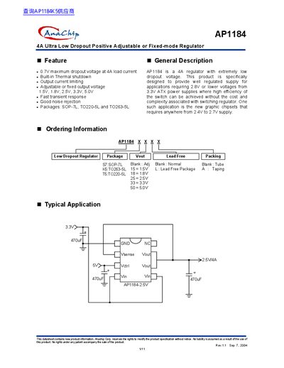 Anachip AP1184 4A Ultra Low Dropout Regulator Datasheet - cover page