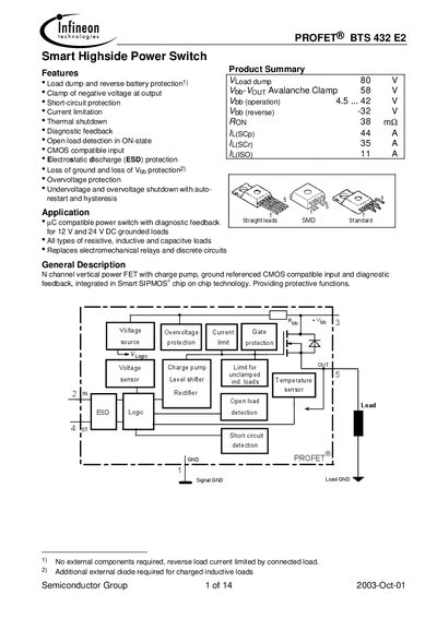 Infineon BTS 432 E2 Smart Highside Power Switch Datasheet - cover page