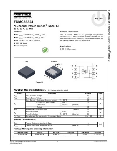 Fairchild Semiconductor FDMC86324 N-Channel Power Trench MOSFET Datasheet - cover page