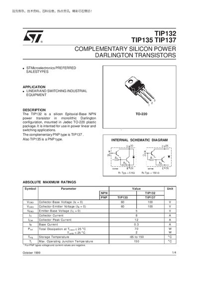 STMicroelectronics TIP132/TIP135/TIP137 Datasheet - cover page