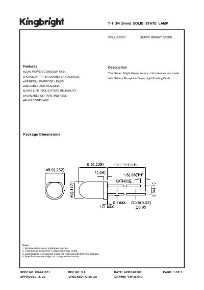 KINGBRIGHT T-1 3/4 (5mm) SOLID STATE LAMP P/N: L-53SGC SUPER BRIGHT GREEN  - cover page