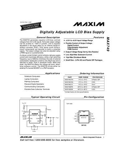 Maxim MAX749 Digitally Adjustable LCD Bias Supply Datasheet - cover page