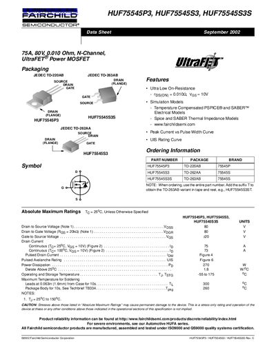 FAIRCHILD HUF75545P3 HUF75545S3 HUF75545S3S handbook - cover page
