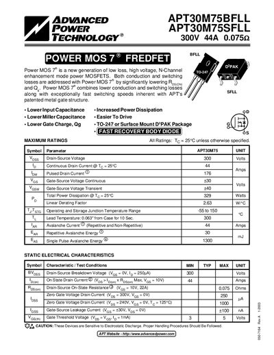 Advanced Power Technology APT30M75BFLL / APT30M75SFLL Power MOSFET Datasheet - cover page
