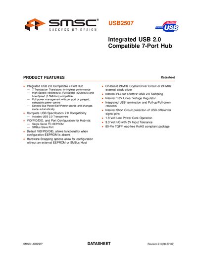 SMSC USB2507 Integrated USB 2.0 7-Port Hub Datasheet - cover page