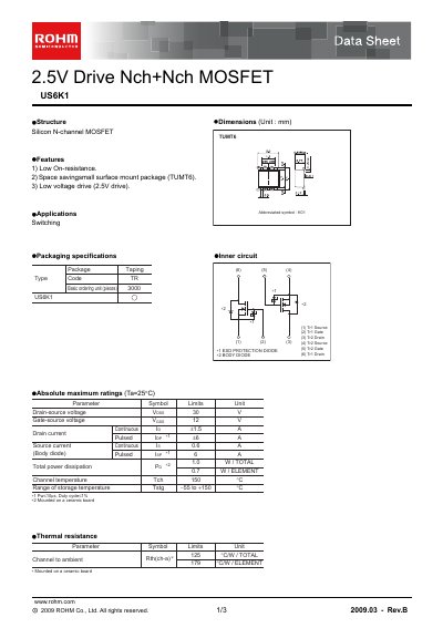 ROHM US6K1 N‑Channel MOSFET Datasheet - cover page