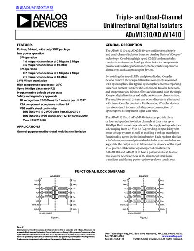 Analog Devices ADuM1310/ADuM1410 Triple- and Quad-Channel Unidirectional Digital Isolators Datasheet - cover page