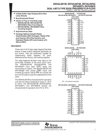 TEXAS INSTRUMENTS SN54ALS874B SN74ALS874B SN74ALS876A SN74AS874 SN74AS876 DUAL 4-BIT D-TYPE EDGE-TRIGGERED FLIP-FLOPS handbook - cover page