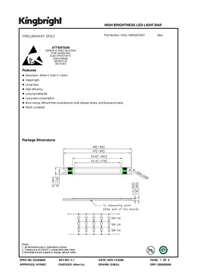 Kingbright KASL-4805QB24S/7 LED Light Bar Preliminary Specification - cover page