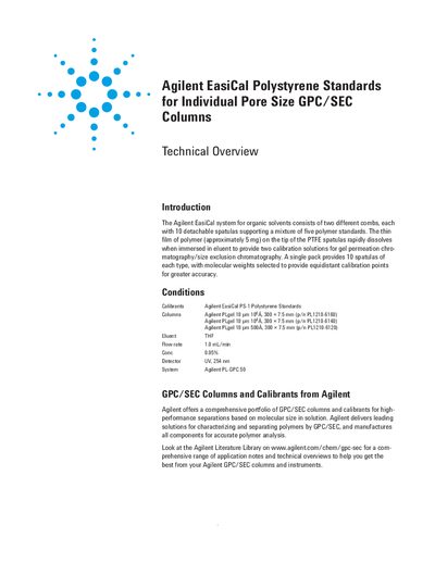 Agilent EasiCal Polystyrene Standards for Individual Pore Size GPC/SEC Columns Technical Overview - cover page